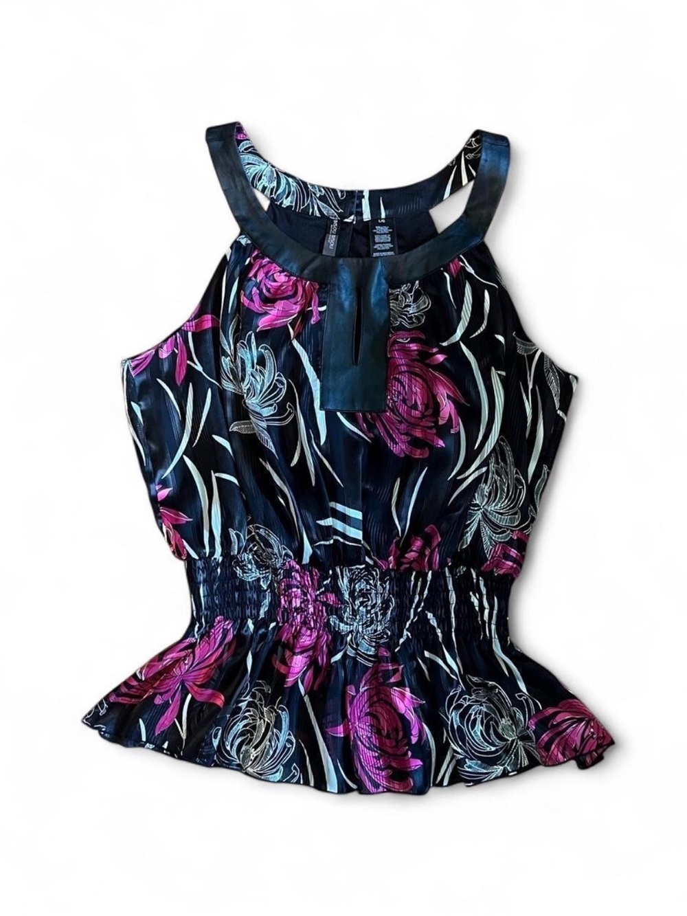 Bisou Bisou Floral Halter Peplum Top - Black/Pink